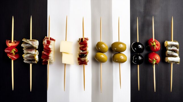 Mixed tapas including anchovies cheese olives on toothpicks laid out artistically in top down view on alternating black and white background