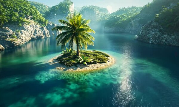 Serene Tropical Island with Lush Greenery and Calm Waters at Dawn