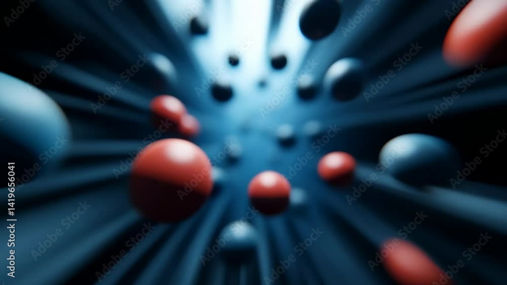Poster dynamic particles moving through space in a vibrant blue environment with hints of red accents