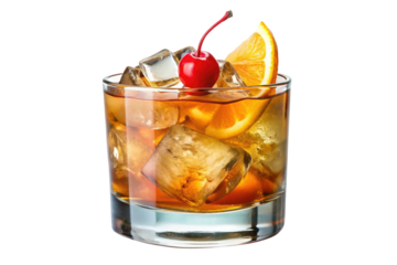 Refreshing Old Fashioned cocktail with cherry and orange slice garnish isolated on white