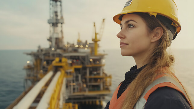 A female offshore worker inspecting pipeline connections on the rig. Featuring attention to detail and technical expertise