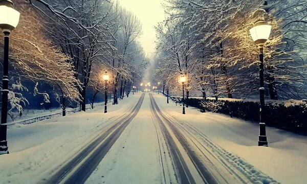 Serene winter pathway illuminated by street lamps in a snowy park