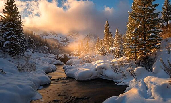 Serene Winter Landscape with Snow-Covered Trees and River