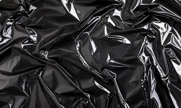 Shiny Black Crumpled Plastic Sheet with Light Reflections and Texture