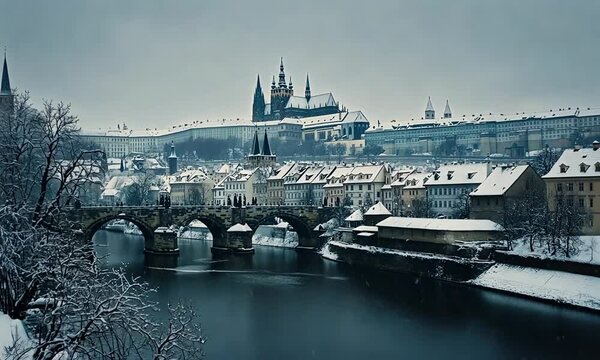 Snowy Prague Landscape with Charles Bridge and Castle in Winter