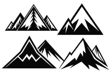 set of minimalist black and white vector mountain icons in various styles.