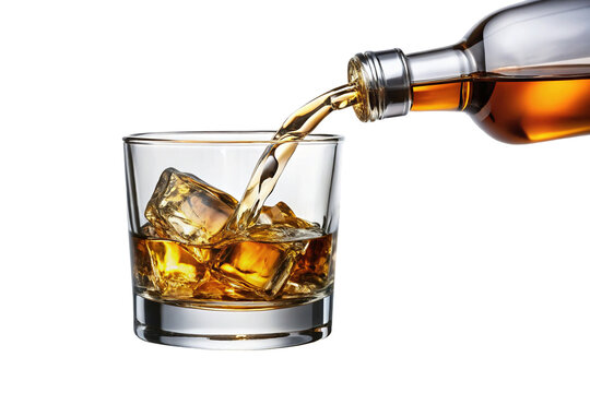 Pouring aged whiskey from a bottle into a glass with ice cubes