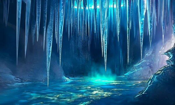Stunning icy cave with shimmering blue water and stalactites