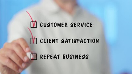 Professional businessman reviewing comprehensive business goals, focusing on customer service, client satisfaction, and strategies for repeat business while working in modern office environment