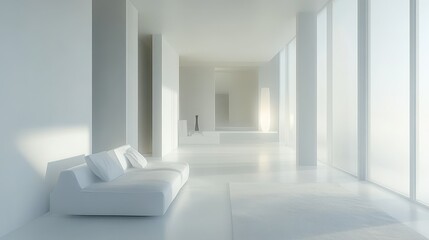 Minimalist all white interior with sofa and architectural details