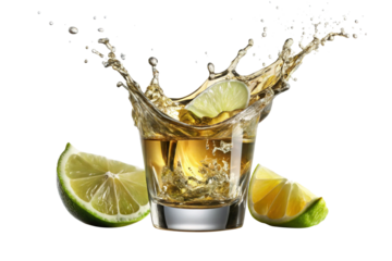Tequila shot with lime splash creating a dynamic and refreshing composition