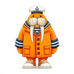 Pixel Art Walrus Sailor Cartoon Character in Orange Outfit