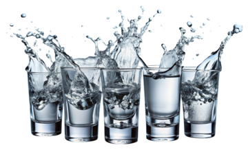 Row of shot glasses with water splashing out on a white background