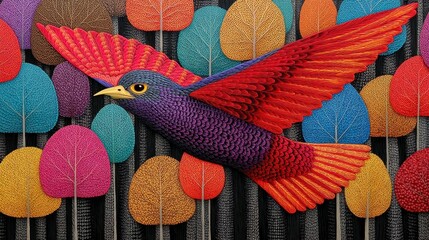 Pixelated Bird in Flight Among Colorful Orbs