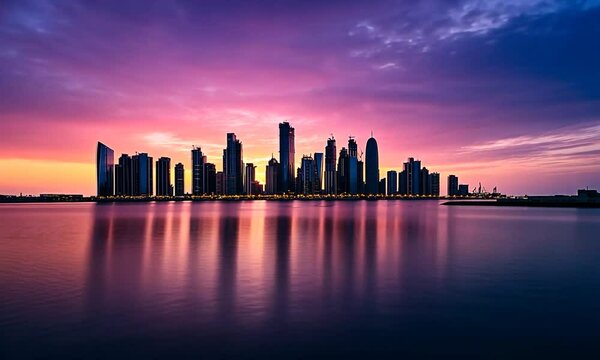 Stunning skyline at sunset over a tranquil waterfront cityscape