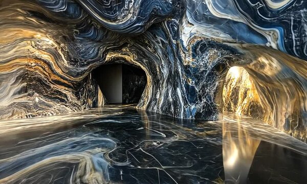 Stunning natural cave with swirling patterns and reflective floor