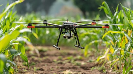 Naklejka premium Agricultural drone fertilizes sweet corn Part of precision farming using aerial technology