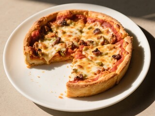 Deep dish pizza with sausage, tomatoes, and cheese great for food blogs, restaurant menus, Italian cuisine promotions, and recipe websites. AI Generated