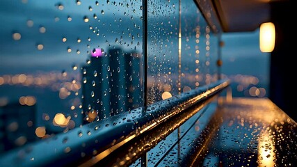 Rain droplets on glass balcony railing at twilight overlooking city lights - Powered by Adobe