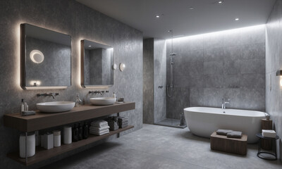 Smart bathroom in slate gray, with AI-powered mirrors that provide personalized skincare routines and voice-controlled showers that adjust water temperature