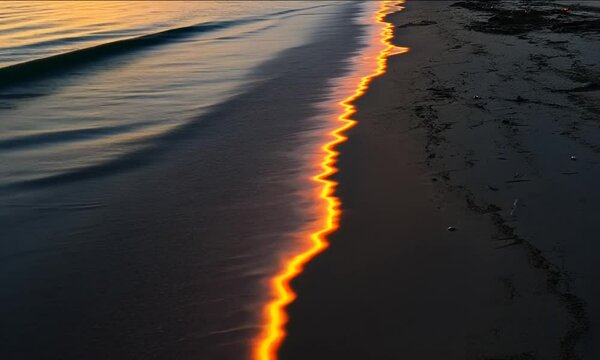 Sunset Reflection on Serene Beach with Gentle Waves and Shoreline