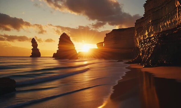 Sunset over rocky coastline with waves lapping at the shore