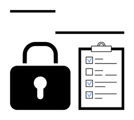 Fototapeta premium Padlock symbolizing security, next to a checklist with marked tasks. Ideal for data protection, cybersecurity, compliance, task planning, privacy policies, accountability, simple landing page