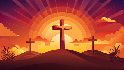 Very beautiful Three crosses on a hill at sunset religious easter background christian faith crucifixion good friday concept