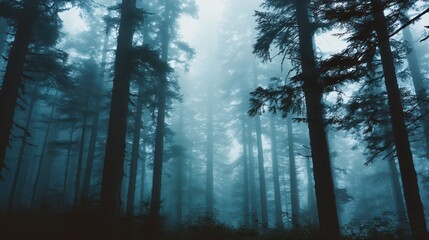 Fototapeta premium Misty forest with tall pines, dense fog, soft light, and ethereal atmosphere 