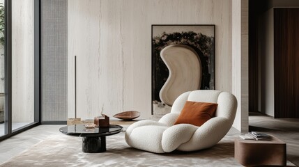A luxurious modern living room showcasing neutral tones and textures