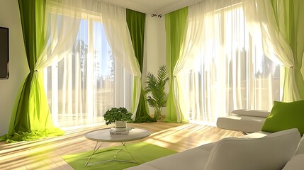 Stylish Living Room Interior with Natural Light and Green Decor in Modern Design