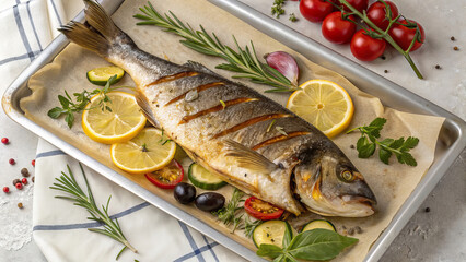 Whole Roasted Fish with Herbs, Lemon and Vegetables