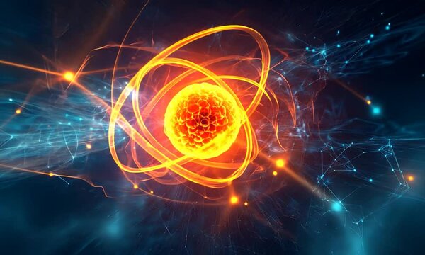 Vibrant atomic structure with glowing particles in a cosmic background