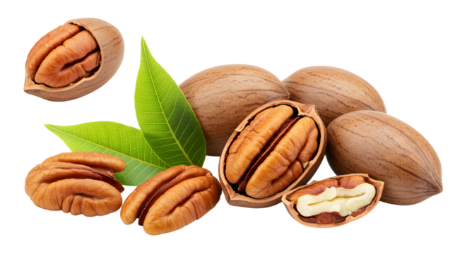 A close-up view of pecan nuts and shells on a white background, showcasing their rich texture and natural color