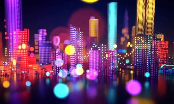 Vibrant city skyline at night with colorful lights and reflections
