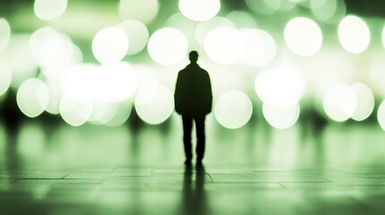 Obraz premium A silhouetted person stands with blurred lights behind them brightly shining