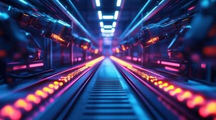 Neon Robotic Assembly Line: Futuristic Factory