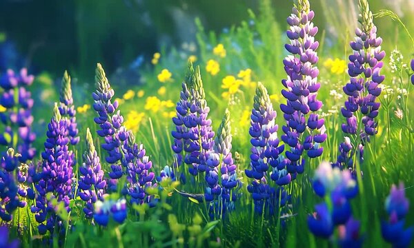 Vibrant field of purple lupines and yellow flowers under soft sunlight