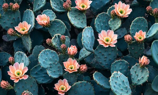 Vibrant flowering cactus plants in a desert landscape under sunlight