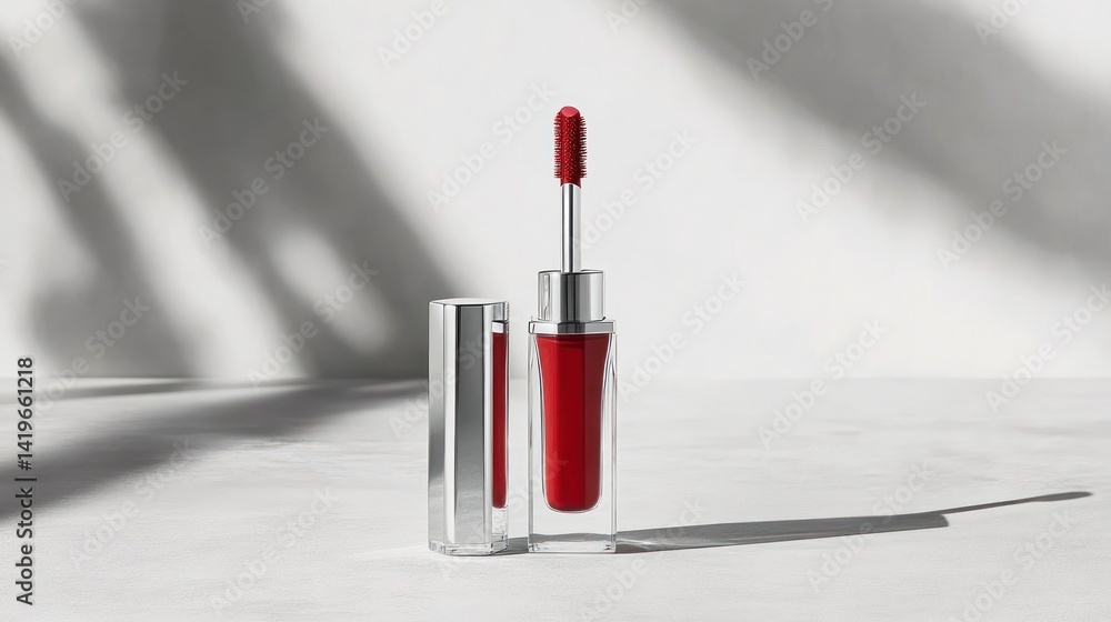 Poster a red lipgloss applicator with an open lid and shadow