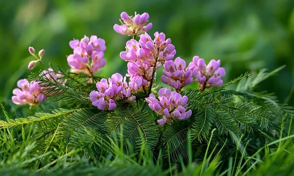 Vibrant pink flowers blooming amidst lush green grass in a serene setting