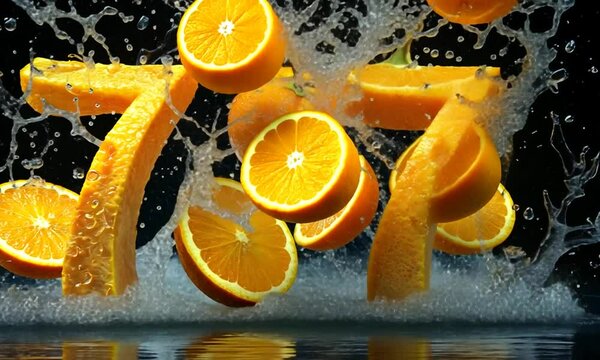 Vibrant oranges splashing in water, creating dynamic motion and energy