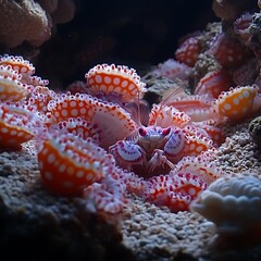 Obraz premium Squat Lobster Hiding Among Colorful Coral in the Depths of the Ocean