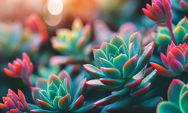 Vibrant Succulent Plants in a Lush Garden Setting During Sunset