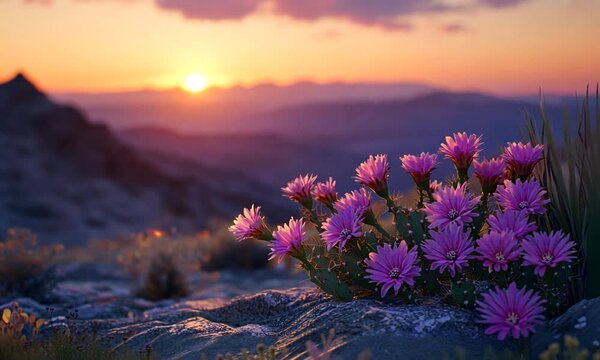 Vibrant sunset over a mountain landscape with blooming flowers in foreground