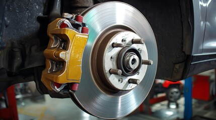 Vehicle disc brake during tire replacement Closeup of car suspension and repair in progress
