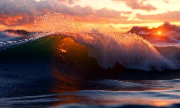 Vibrant sunset waves crashing on a serene ocean, creating stunning reflections