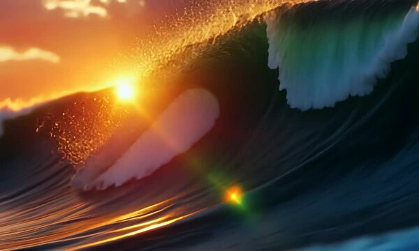 Vibrant sunset illuminating crashing ocean wave with golden reflections