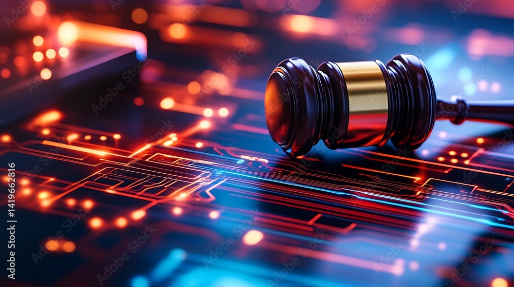 Aufkleber digital gavel resting on a glowing circuit board, symbolizing the intersection of law and technology