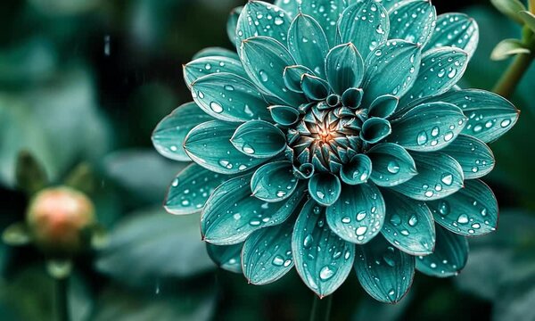Vibrant teal flower with dew drops in lush green garden setting